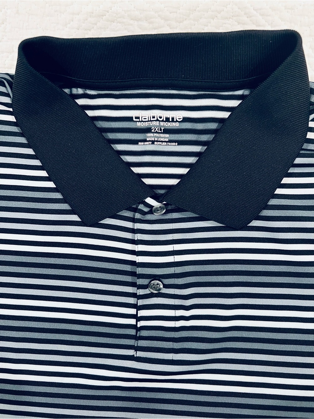 Claiborne Moisture Wicking Men’s 2XLT Black White Striped Performance Golf Polo